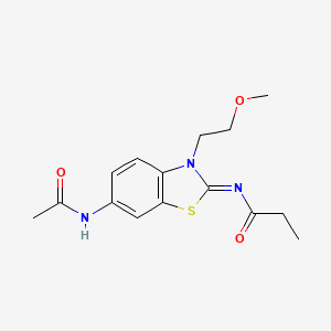 molecular formula C15H19N3O3S B2768644 N-[6-乙酰氨基-3-(2-甲氧基乙基)-1,3-苯并噻唑-2-基亚乙酰]丙酰胺 CAS No. 865161-12-2
