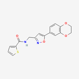 molecular formula C17H14N2O4S B2768725 N-((5-(2,3-dihydrobenzo[b][1,4]dioxin-6-yl)isoxazol-3-yl)methyl)thiophene-2-carboxamide CAS No. 1208640-29-2