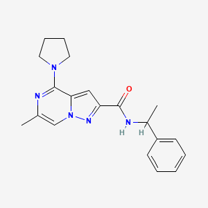 molecular formula C20H23N5O B2768754 6-methyl-N-(1-phenylethyl)-4-(1-pyrrolidinyl)pyrazolo[1,5-a]pyrazine-2-carboxamide CAS No. 1775525-82-0