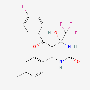 molecular formula C19H16F4N2O3 B2768857 5-(4-Fluorobenzoyl)-4-hydroxy-6-(4-methylphenyl)-4-(trifluoromethyl)-1,3-diazinan-2-one CAS No. 1005115-96-7