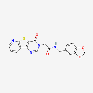 molecular formula C19H14N4O4S B2768885 N-(1,3-benzodioxol-5-ylmethyl)-2-(6-oxo-8-thia-3,5,10-triazatricyclo[7.4.0.02,7]trideca-1(9),2(7),3,10,12-pentaen-5-yl)acetamide CAS No. 946299-98-5