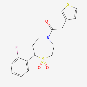 molecular formula C17H18FNO3S2 B2768921 1-(7-(2-Fluorophenyl)-1,1-dioxido-1,4-thiazepan-4-yl)-2-(thiophen-3-yl)ethanone CAS No. 2034607-85-5