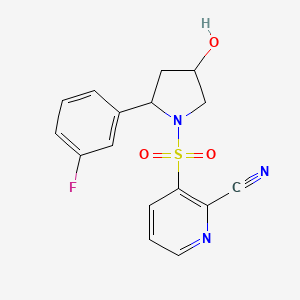 molecular formula C16H14FN3O3S B2768929 3-[2-(3-Fluorophenyl)-4-hydroxypyrrolidin-1-yl]sulfonylpyridine-2-carbonitrile CAS No. 2108344-15-4