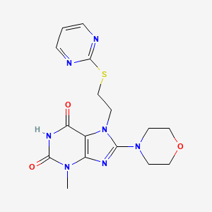 molecular formula C16H19N7O3S B2768991 3-methyl-8-morpholino-7-(2-(pyrimidin-2-ylthio)ethyl)-1H-purine-2,6(3H,7H)-dione CAS No. 685860-55-3