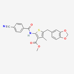 molecular formula C23H18N2O5S B2769015 Methyl 5-(1,3-benzodioxol-5-ylmethyl)-2-[(4-cyanobenzoyl)amino]-4-methylthiophene-3-carboxylate CAS No. 476366-56-0