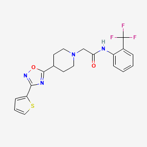 molecular formula C20H19F3N4O2S B2769034 2-{4-[3-(2-thienyl)-1,2,4-oxadiazol-5-yl]piperidin-1-yl}-N-[2-(trifluoromethyl)phenyl]acetamide CAS No. 1251625-52-1