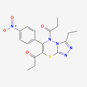 molecular formula C18H19N5O4S B2769127 1-[3-Ethyl-6-(4-nitrophenyl)-5-propanoyl-[1,2,4]triazolo[3,4-b][1,3,4]thiadiazin-7-yl]propan-1-one CAS No. 877813-37-1
