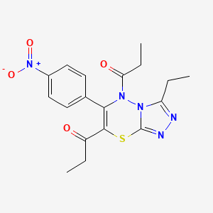 molecular formula C18H19N5O4S B2769127 1-[3-ETHYL-6-(4-NITROPHENYL)-7-PROPANOYL-5H-[1,2,4]TRIAZOLO[3,4-B][1,3,4]THIADIAZIN-5-YL]PROPAN-1-ONE CAS No. 877813-37-1