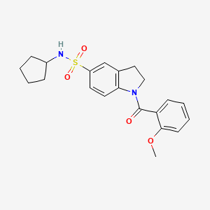 molecular formula C21H24N2O4S B2769129 5-[(Cyclopentylamino)sulfonyl]indolinyl 2-methoxyphenyl ketone CAS No. 898657-41-5
