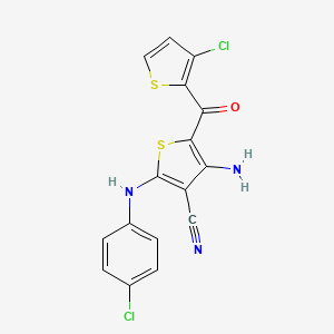 molecular formula C16H9Cl2N3OS2 B2769179 4-Amino-2-(4-chloroanilino)-5-[(3-chloro-2-thienyl)carbonyl]-3-thiophenecarbonitrile CAS No. 338966-49-7