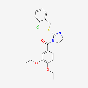 molecular formula C21H23ClN2O3S B2769186 [2-[(2-Chlorophenyl)methylsulfanyl]-4,5-dihydroimidazol-1-yl]-(3,4-diethoxyphenyl)methanone CAS No. 851803-98-0