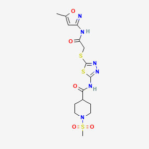 molecular formula C15H20N6O5S3 B2769234 N-(5-((2-((5-methylisoxazol-3-yl)amino)-2-oxoethyl)thio)-1,3,4-thiadiazol-2-yl)-1-(methylsulfonyl)piperidine-4-carboxamide CAS No. 1351590-56-1