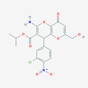 molecular formula C19H17ClN2O8 B2769273 异丙基-2-氨基-4-(3-氯-4-硝基苯基)-6-(羟甲基)-8-氧代-4,8-二氢吡喃并[3,2-b]吡喃-3-羧酸酯 CAS No. 939894-04-9