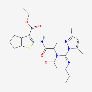 molecular formula C24H29N5O4S B2769294 乙酸2-(2-(2-(3,5-二甲基-1H-吡唑-1-基)-4-乙基-6-氧代嘧啶-1(6H)-基)丙酰氨基)-5,6-二氢-4H-环戊[b]噻吩-3-羧酸酯 CAS No. 1103296-14-5