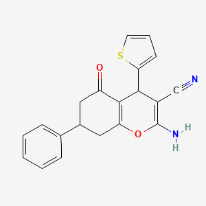 molecular formula C20H16N2O2S B2769330 2-Amino-5-oxo-7-phenyl-4-thiophen-2-yl-4,6,7,8-tetrahydrochromene-3-carbonitrile CAS No. 311326-51-9