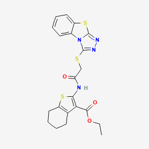 molecular formula C21H20N4O3S3 B2769339 乙基-2-{[([1,2,4]三唑并[3,4-b][1,3]苯并噻唑-3-基硫醇基)乙酰]氨基}-4,5,6,7-四氢-1-苯并噻吩-3-甲酸酯 CAS No. 301859-22-3