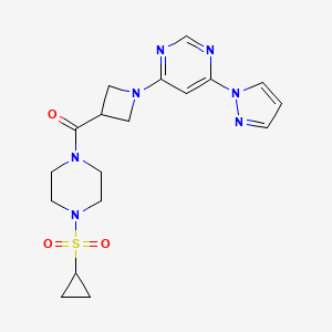 molecular formula C18H23N7O3S B2769340 (1-(6-(1H-吡唑-1-基)嘧啶-4-基)氮杂丙烷-3-基)(4-(环丙磺酰)哌嗪-1-基)甲酮 CAS No. 2034282-40-9