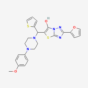 molecular formula C24H23N5O3S2 B2769528 2-(Furan-2-yl)-5-((4-(4-methoxyphenyl)piperazin-1-yl)(thiophen-2-yl)methyl)thiazolo[3,2-b][1,2,4]triazol-6-ol CAS No. 898418-74-1