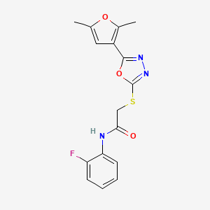 molecular formula C16H14FN3O3S B2769557 2-((5-(2,5-dimethylfuran-3-yl)-1,3,4-oxadiazol-2-yl)thio)-N-(2-fluorophenyl)acetamide CAS No. 1021092-13-6