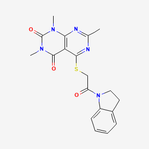 molecular formula C19H19N5O3S B2769564 5-((2-(indolin-1-yl)-2-oxoethyl)thio)-1,3,7-trimethylpyrimido[4,5-d]pyrimidine-2,4(1H,3H)-dione CAS No. 852167-95-4