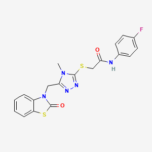 molecular formula C19H16FN5O2S2 B2769727 N-(4-fluorophenyl)-2-((4-methyl-5-((2-oxobenzo[d]thiazol-3(2H)-yl)methyl)-4H-1,2,4-triazol-3-yl)thio)acetamide CAS No. 847400-31-1