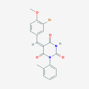 molecular formula C19H15BrN2O4 B2769748 (5E)-5-[(3-bromo-4-methoxyphenyl)methylidene]-1-(2-methylphenyl)-1,3-diazinane-2,4,6-trione CAS No. 312928-21-5