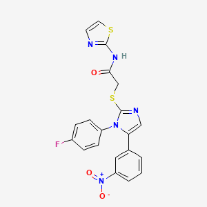 molecular formula C20H14FN5O3S2 B2769762 2-((1-(4-fluorophenyl)-5-(3-nitrophenyl)-1H-imidazol-2-yl)thio)-N-(thiazol-2-yl)acetamide CAS No. 1235240-21-7