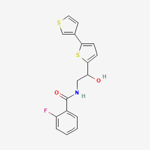 molecular formula C17H14FNO2S2 B2769780 N-(2-([2,3'-bithiophen]-5-yl)-2-hydroxyethyl)-2-fluorobenzamide CAS No. 2034491-79-5