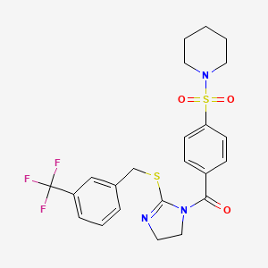 molecular formula C23H24F3N3O3S2 B2769872 (4-(piperidin-1-ylsulfonyl)phenyl)(2-((3-(trifluoromethyl)benzyl)thio)-4,5-dihydro-1H-imidazol-1-yl)methanone CAS No. 851805-85-1