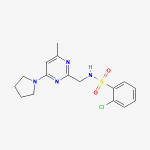 molecular formula C16H19ClN4O2S B2769891 2-chloro-N-((4-methyl-6-(pyrrolidin-1-yl)pyrimidin-2-yl)methyl)benzenesulfonamide CAS No. 1797249-12-7