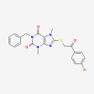 molecular formula C22H19BrN4O3S B2770080 1-苄基-8-((2-(4-溴苯基)-2-氧代乙基)硫)-3,7-二甲基-1H-嘧啶-2,6(3H,7H)-二酮 CAS No. 941937-89-9