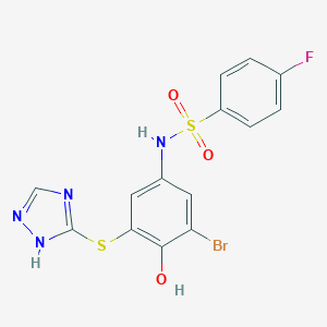 molecular formula C14H10BrFN4O3S2 B277023 N-[3-bromo-4-hydroxy-5-(4H-1,2,4-triazol-3-ylsulfanyl)phenyl]-4-fluorobenzenesulfonamide 