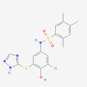 molecular formula C17H17ClN4O3S2 B277024 N-[3-chloro-4-hydroxy-5-(4H-1,2,4-triazol-3-ylsulfanyl)phenyl]-2,4,5-trimethylbenzenesulfonamide 