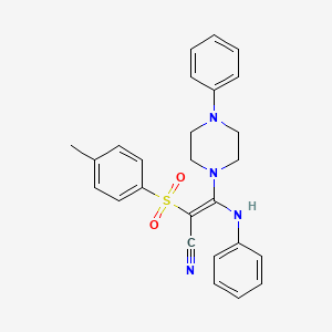 molecular formula C26H26N4O2S B2770438 2-((4-Methylphenyl)sulfonyl)-3-(phenylamino)-3-(4-phenylpiperazinyl)prop-2-enenitrile CAS No. 1025215-57-9