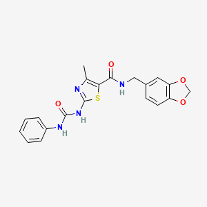 molecular formula C20H18N4O4S B2770487 N-(benzo[d][1,3]dioxol-5-ylmethyl)-4-methyl-2-(3-phenylureido)thiazole-5-carboxamide CAS No. 941974-82-9
