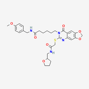 molecular formula C30H36N4O7S B2770501 N-[(4-methoxyphenyl)methyl]-6-[8-oxo-6-[2-oxo-2-(oxolan-2-ylmethylamino)ethyl]sulfanyl-[1,3]dioxolo[4,5-g]quinazolin-7-yl]hexanamide CAS No. 688061-05-4