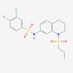 molecular formula C18H20ClFN2O4S2 B2770605 3-chloro-4-fluoro-N-(1-(propylsulfonyl)-1,2,3,4-tetrahydroquinolin-7-yl)benzenesulfonamide CAS No. 941987-07-1