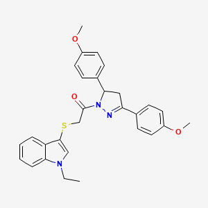 molecular formula C29H29N3O3S B2770670 1-[3,5-Bis(4-methoxyphenyl)-3,4-dihydropyrazol-2-yl]-2-(1-ethylindol-3-yl)sulfanylethanone CAS No. 681216-98-8
