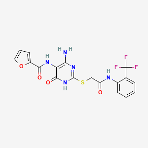 molecular formula C18H14F3N5O4S B2770683 N-(4-amino-6-oxo-2-((2-oxo-2-((2-(trifluoromethyl)phenyl)amino)ethyl)thio)-1,6-dihydropyrimidin-5-yl)furan-2-carboxamide CAS No. 868226-33-9