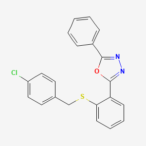 molecular formula C21H15ClN2OS B2770794 2-{2-[(4-Chlorobenzyl)sulfanyl]phenyl}-5-phenyl-1,3,4-oxadiazole CAS No. 339103-97-8