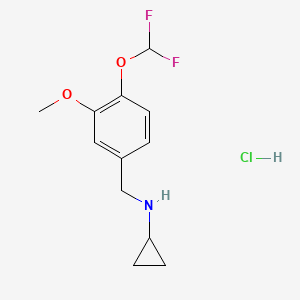 molecular formula C12H16ClF2NO2 B2770884 N-{[4-(difluoromethoxy)-3-methoxyphenyl]methyl}cyclopropanamine hydrochloride CAS No. 1052544-42-9