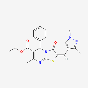 molecular formula C22H22N4O3S B2770977 (E)-ethyl 2-((1,3-dimethyl-1H-pyrazol-4-yl)methylene)-7-methyl-3-oxo-5-phenyl-3,5-dihydro-2H-thiazolo[3,2-a]pyrimidine-6-carboxylate CAS No. 492427-49-3