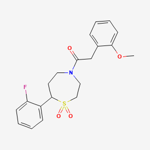 molecular formula C20H22FNO4S B2770988 1-(7-(2-Fluorophenyl)-1,1-dioxido-1,4-thiazepan-4-yl)-2-(2-methoxyphenyl)ethanone CAS No. 2034529-73-0