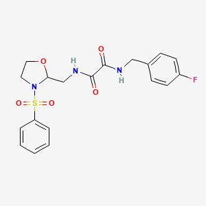 molecular formula C19H20FN3O5S B2771013 N1-(4-氟苯甲基)-N2-((3-(苯基磺酰氧唑啉-2-基)甲基)草酰胺) CAS No. 868981-63-9