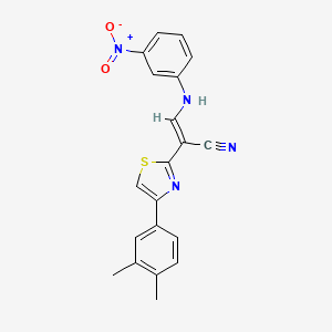 molecular formula C20H16N4O2S B2771136 (2E)-2-[4-(3,4-dimethylphenyl)-1,3-thiazol-2-yl]-3-[(3-nitrophenyl)amino]prop-2-enenitrile CAS No. 476676-76-3