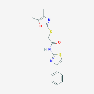 molecular formula C16H15N3O2S2 B277116 2-[(4,5-dimethyl-1,3-oxazol-2-yl)sulfanyl]-N-(4-phenyl-1,3-thiazol-2-yl)acetamide 