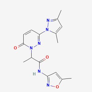 molecular formula C16H18N6O3 B2771163 2-(3-(3,5-dimethyl-1H-pyrazol-1-yl)-6-oxopyridazin-1(6H)-yl)-N-(5-methylisoxazol-3-yl)propanamide CAS No. 1334375-81-3