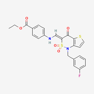 molecular formula C23H19FN2O5S2 B2771164 (Z)-ethyl 4-(((1-(3-fluorobenzyl)-2,2-dioxido-4-oxo-1H-thieno[3,2-c][1,2]thiazin-3(4H)-ylidene)methyl)amino)benzoate CAS No. 894686-00-1