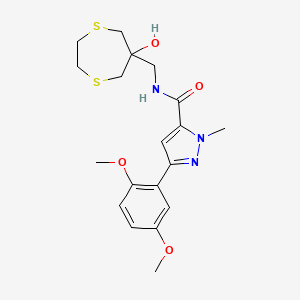 molecular formula C19H25N3O4S2 B2771175 3-(2,5-dimethoxyphenyl)-N-[(6-hydroxy-1,4-dithiepan-6-yl)methyl]-1-methyl-1H-pyrazole-5-carboxamide CAS No. 2415630-04-3
