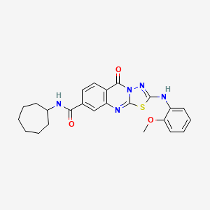 molecular formula C24H25N5O3S B2771180 N-cycloheptyl-2-[(2-methoxyphenyl)amino]-5-oxo-5H-[1,3,4]thiadiazolo[2,3-b]quinazoline-8-carboxamide CAS No. 894251-67-3